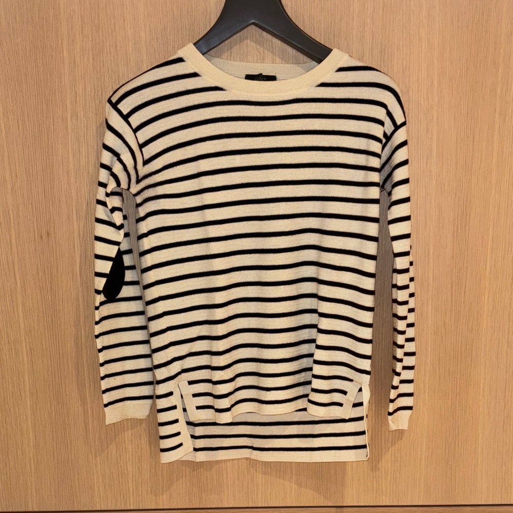 J. Crew Black & Cream Striped Women's Crewneck Sweater w/ Leather Elbow Patches